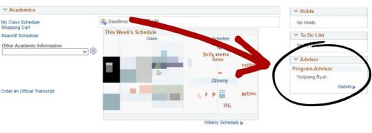 Screenshot showing the advisor tab on the right-hand side of MySSU's Student Center